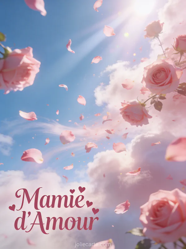 Pétales de roses roses s'envolant dans le vent ciel bleu rayons lumière texte Mamie d'Amour cœurs