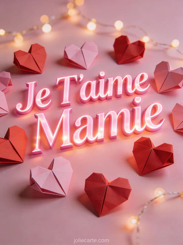 Cœurs en papier origami rose et rouge avec guirlande lumineuse sur fond rose et Je T'aime Mamie