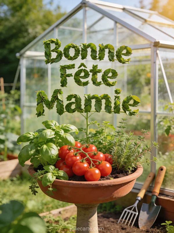 Potager tomates cerises basilic aromatiques serre verre outils jardin texte Bonne Fête Mamie feuilles