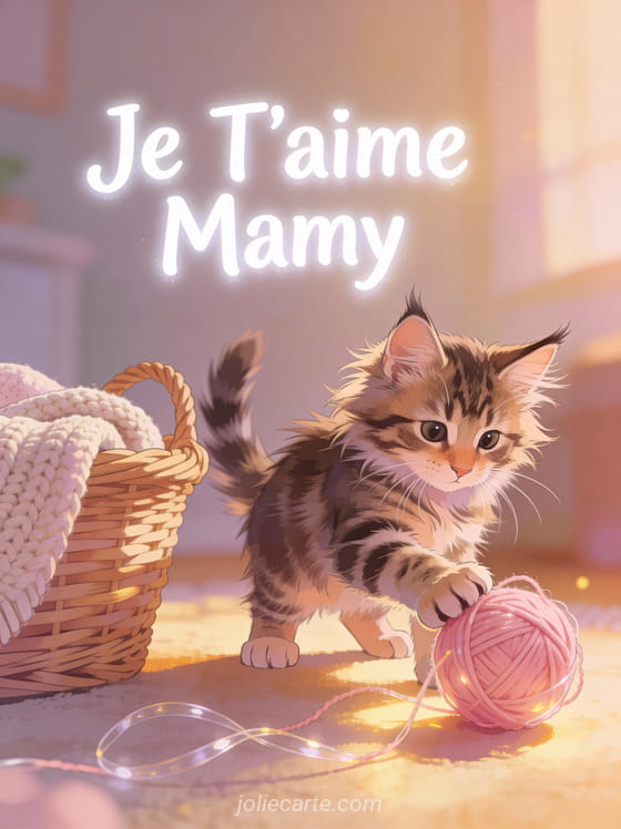 Chaton maine coon tigré jouant avec une pelote de laine rose dans un panier avec Je T'aime Mamy
