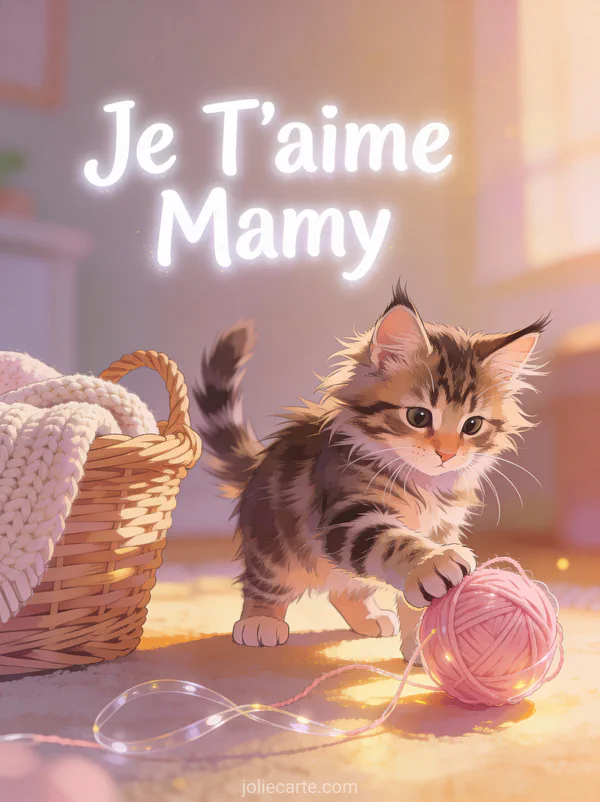 Chaton maine coon tigré jouant avec une pelote de laine rose dans un panier avec Je T'aime Mamy