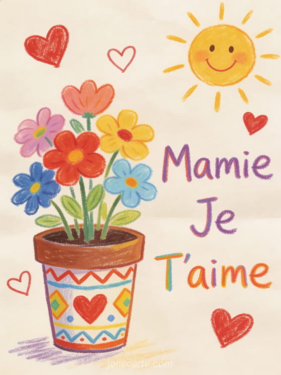 Dessin d'enfant de fleurs multicolores dans un pot avec soleil souriant et Mamie Je T'aime aux crayons de couleur