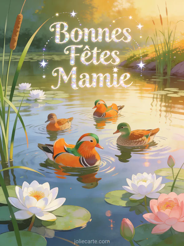 Canards mandarins orange vert étang nénuphars roseaux lumière dorée matin texte Bonnes Fêtes Mamie étoiles