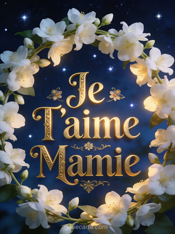 Jasmin blanc sur fond bleu nuit avec étoiles scintillantes et Je T'aime Mamie en lettres dorées vintage