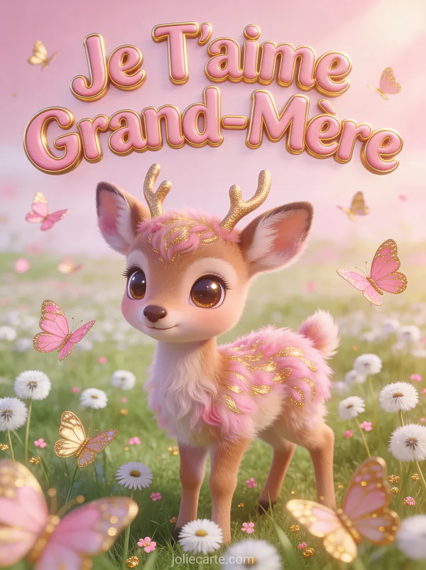 Illustration 3D d'un faon aux grands yeux dans une prairie de pâquerettes avec papillons et Je T'aime Grand-Mère