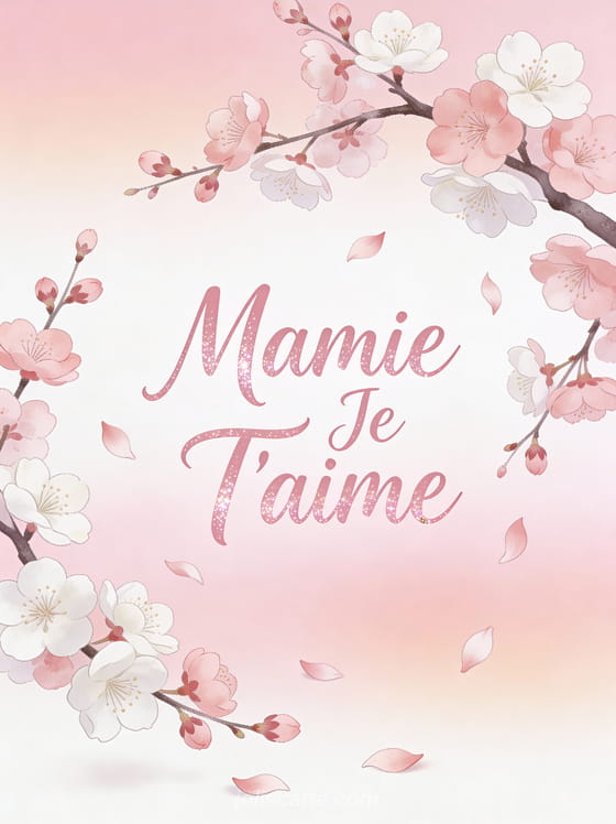 Branche de cerisier japonais en fleurs roses avec pétales qui tombent et Mamie Je T'aime en calligraphie