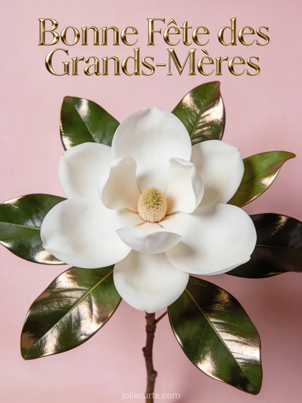 Magnolia blanc épanoui feuilles vert foncé fond rose poudré texte Bonne Fête des Grands-Mères art déco doré