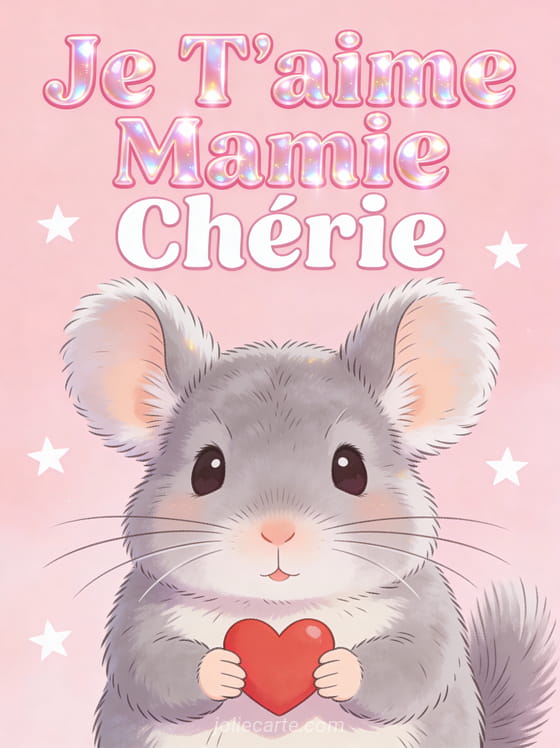 Chinchilla gris aux grandes oreilles tenant un petit cœur rouge sur fond pastel rose avec Je T'aime Mamie Chérie