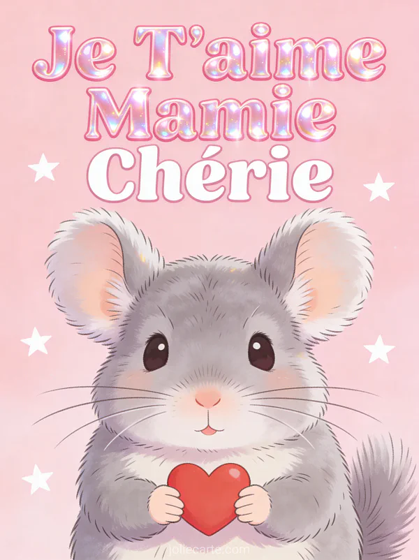Chinchilla gris aux grandes oreilles tenant un petit cœur rouge sur fond pastel rose avec Je T'aime Mamie Chérie