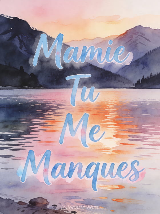 Lac de montagne paisible au crépuscule avec reflets roses et montagnes en silhouette avec Mamie Tu Me Manques