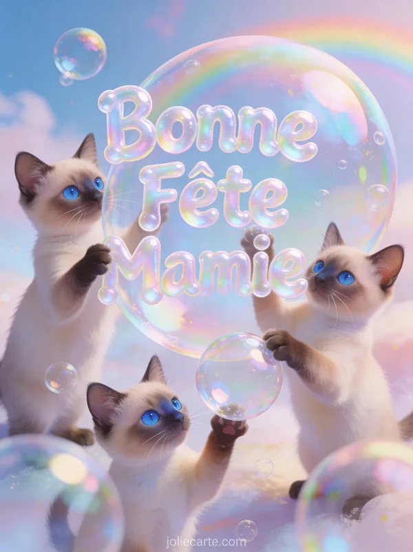 Chatons siamois yeux bleus jouant bulles savon géantes arc-en-ciel fond pastel texte Bonne Fête Mamie irisé