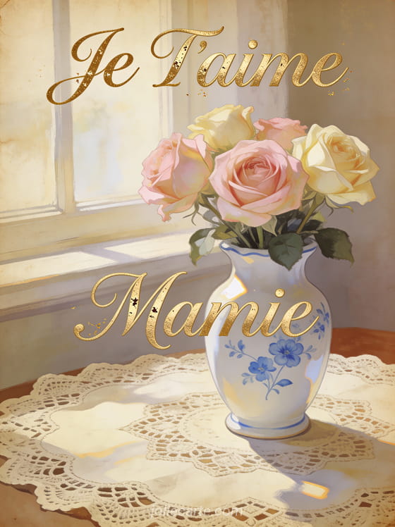 Roses thé roses et crème dans un vase en porcelaine blanche sur nappe en dentelle avec Je T'aime Mamie