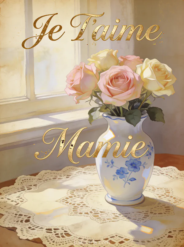 Roses thé roses et crème dans un vase en porcelaine blanche sur nappe en dentelle avec Je T'aime Mamie