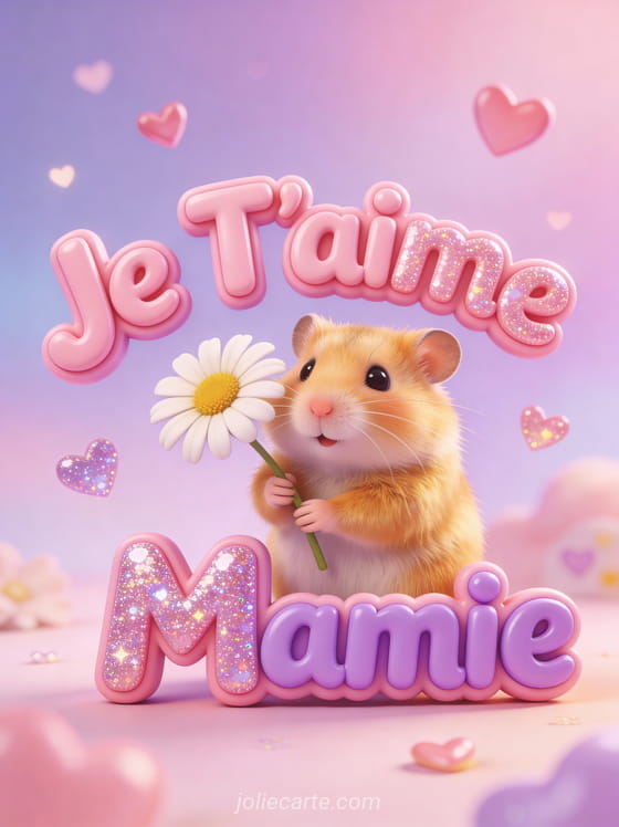 Illustration 3D d'un petit hamster doré tenant une marguerite sur fond pastel avec cœurs et Je T'aime Mamie