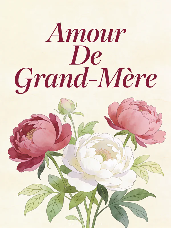 Pivoines rose foncé et blanches sur fond crème avec le texte Amour De Grand-Mère en cursive bordeaux