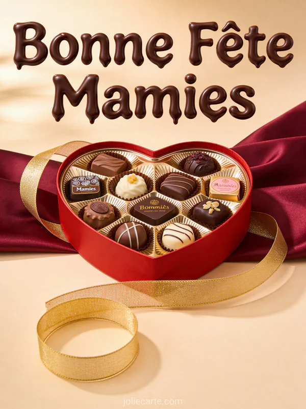 Chocolats fins boîte cœur rouge rubans dorés fond satin bordeaux texte Bonne Fête Mamies chocolat fondu