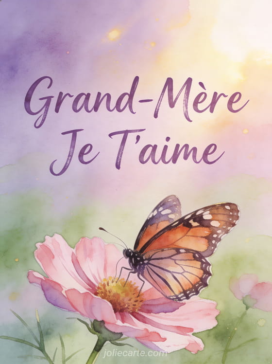 Illustration aquarelle d'un papillon monarque sur une fleur de cosmos rose avec Grand-Mère Je T'aime