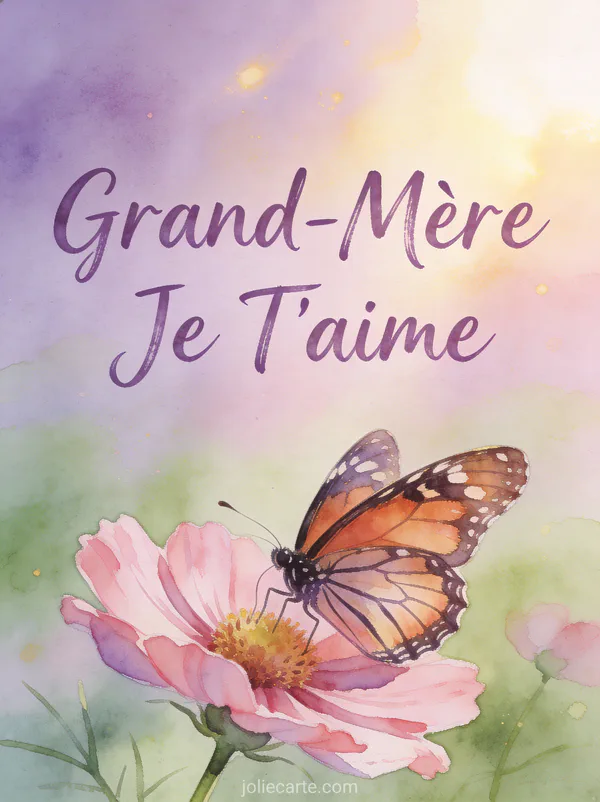 Illustration aquarelle d'un papillon monarque sur une fleur de cosmos rose avec Grand-Mère Je T'aime