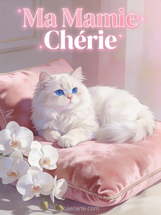 Chat persan blanc aux yeux bleus sur coussin de velours rose avec orchidées blanches et Ma Mamie Chérie