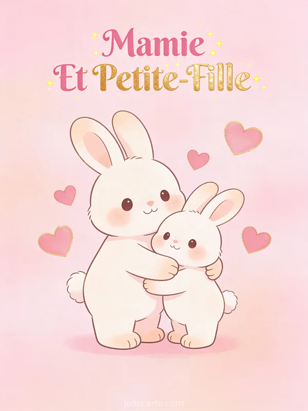 Illustration cartoon de deux lapins mignons se faisant un câlin avec cœurs sur fond rose et Mamie Et Petite-Fille