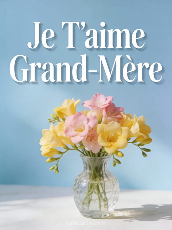 Freesias jaunes et roses dans un vase en verre sur fond bleu clair avec Je T'aime Grand-Mère