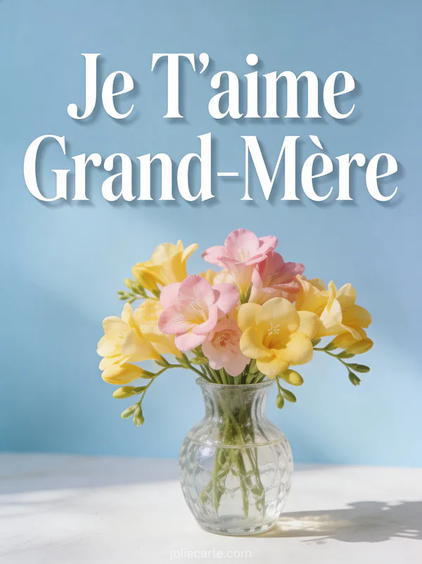 Freesias jaunes et roses dans un vase en verre sur fond bleu clair avec Je T'aime Grand-Mère