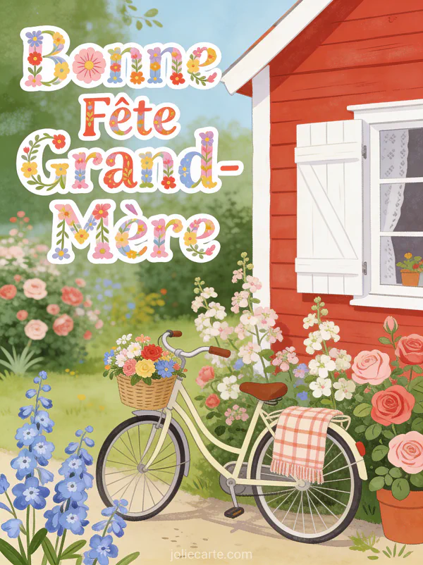 Maison bois rouge suédoise roses trémières delphiniums vélo vintage panier fleuri texte Bonne Fête Grand-Mère folk