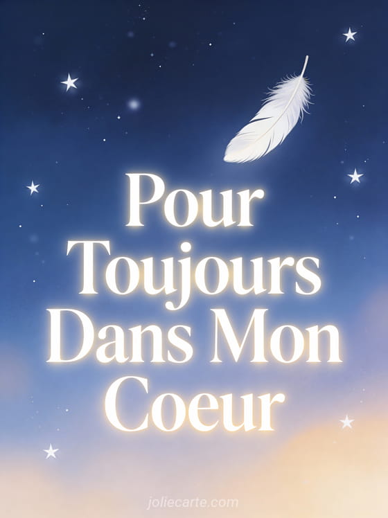 Plume blanche tombant doucement sur fond bleu nuit étoilé avec le texte Pour Toujours Dans Mon Cœur