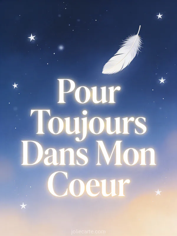 Plume blanche tombant doucement sur fond bleu nuit étoilé avec le texte Pour Toujours Dans Mon Cœur