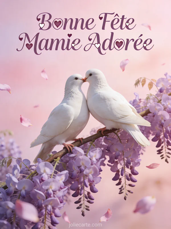 Colombes blanches bisou branche glycine mauve pétales tombent fond pastel rose texte Bonne Fête Mamie Adorée cœurs