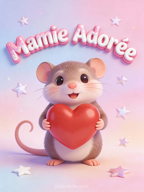 Illustration cartoon d'un petit raton laveur tenant un gros cœur rouge sur fond pastel avec Mamie Adorée