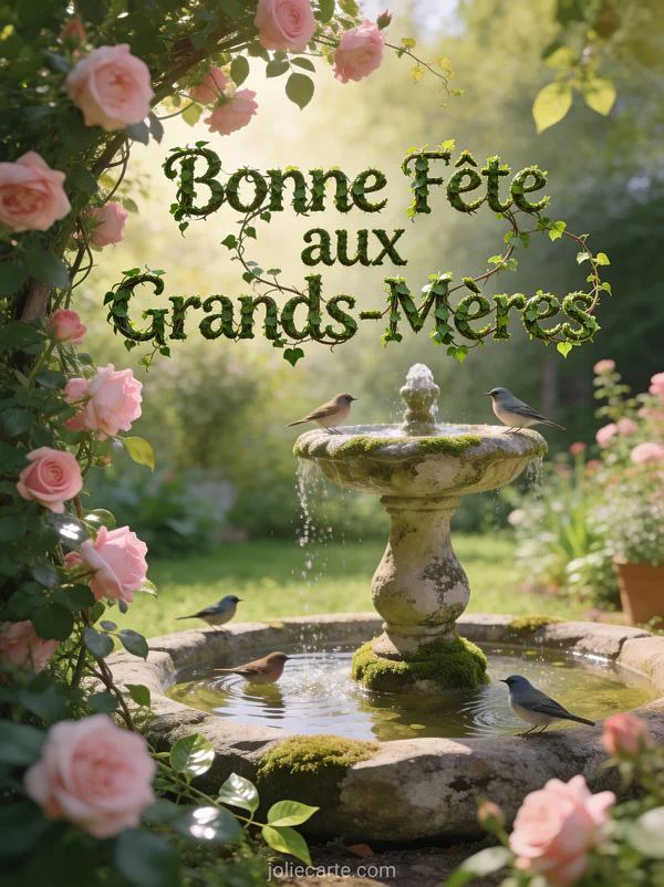 Fontaine pierre mousseuse oiseaux baignant rosiers grimpants roses jardin anglais texte Bonne Fête aux Grands-Mères lierre