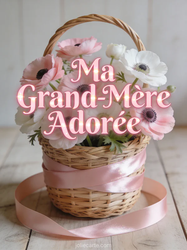 Anémones roses et blanches dans un petit panier tressé avec ruban rose et Ma Grand-Mère Adorée