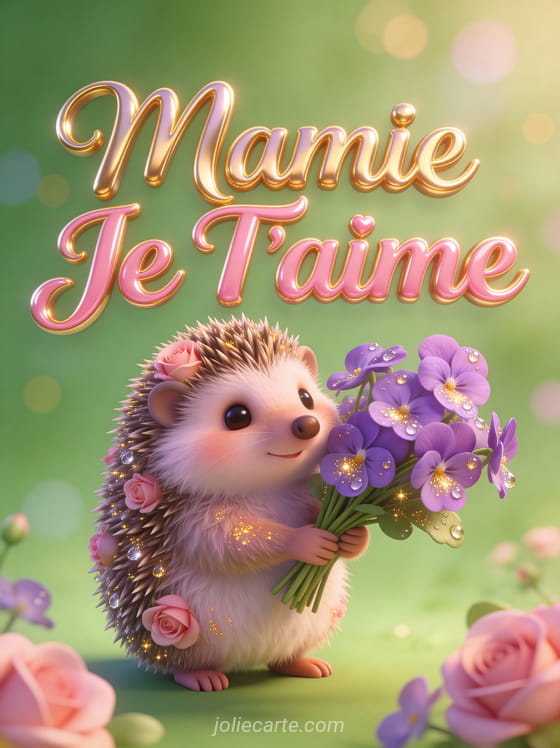 Illustration 3D d'un petit hérisson tenant un bouquet de violettes sur fond vert tendre avec Mamie Je T'aime