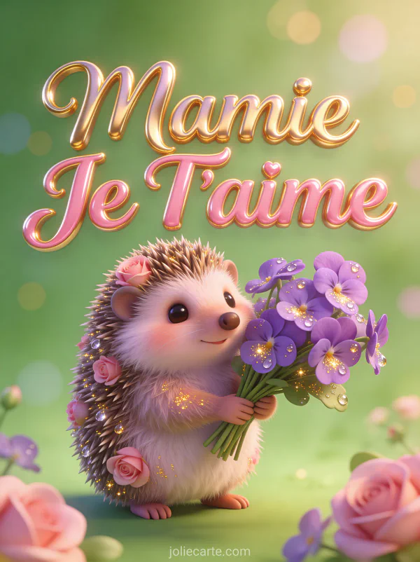 Illustration 3D d'un petit hérisson tenant un bouquet de violettes sur fond vert tendre avec Mamie Je T'aime
