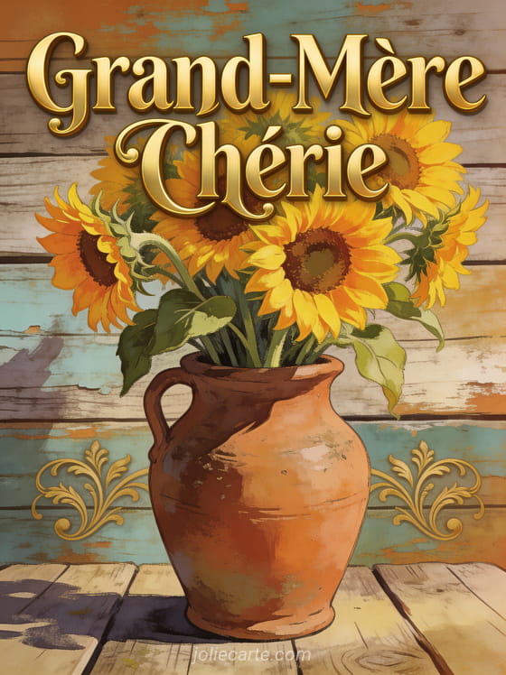 Tournesols éclatants dans un vase en terre cuite sur fond bois patiné avec Grand-Mère Chérie en doré