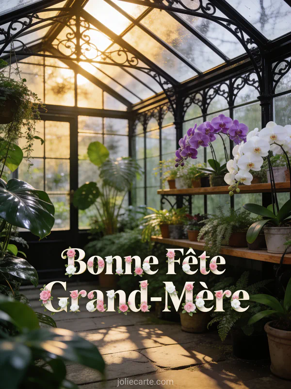Serre victorienne fer forgé verre orchidées plantes vertes lumière filtrant texte Bonne Fête Grand-Mère jardinier