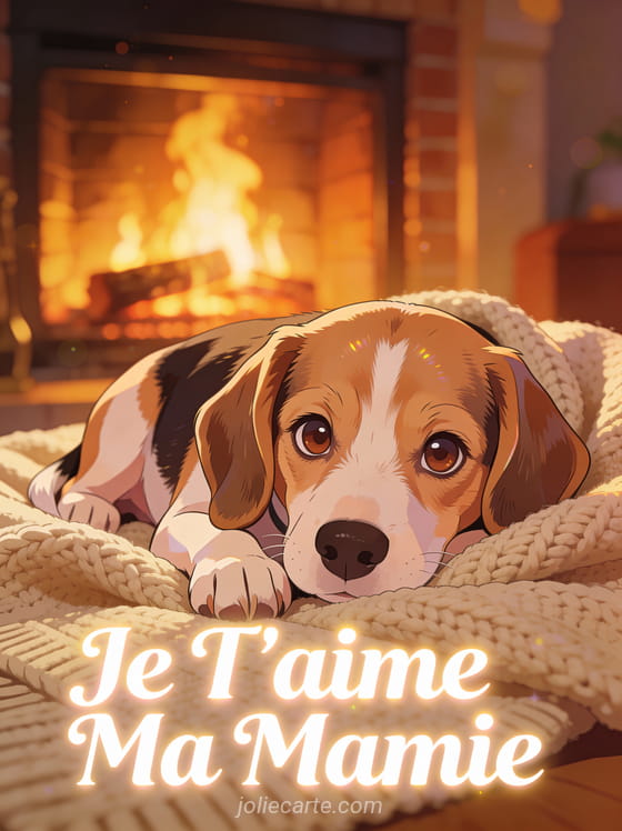 Chiot beagle aux yeux tendres sur une couverture tricotée beige avec lumière de cheminée et Je T'aime Ma Mamie