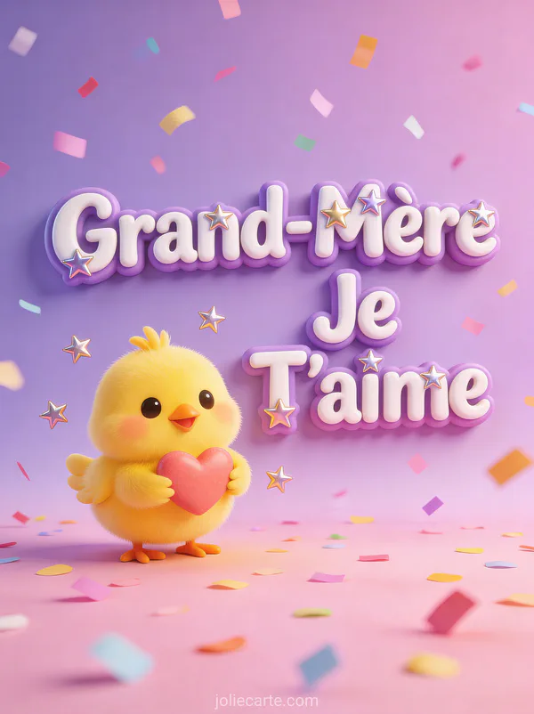 Illustration 3D d'un petit poussin jaune tenant un cœur sur fond pastel avec confettis et Grand-Mère Je T'aime