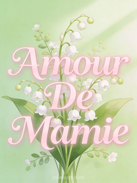 Muguet blanc aux clochettes délicates sur fond vert pastel avec le texte Amour De Mamie