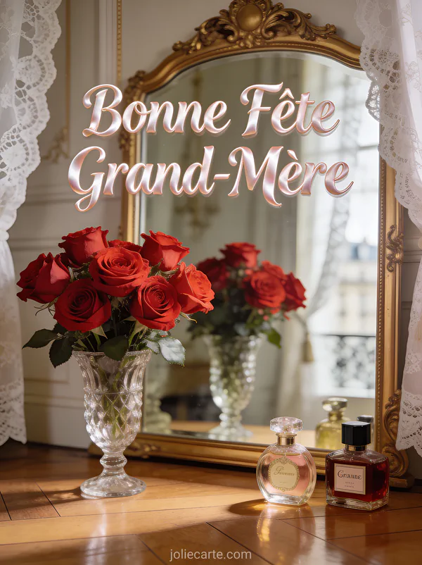 Boudoir parisien miroir doré roses cristal parfums vintage texte Bonne Fête Grand-Mère soie ondulante