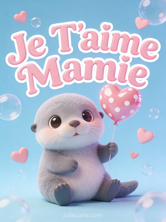 Illustration 3D d'un petit phoque gris tenant un ballon cœur sur fond bleu avec bulles et Je T'aime Mamie