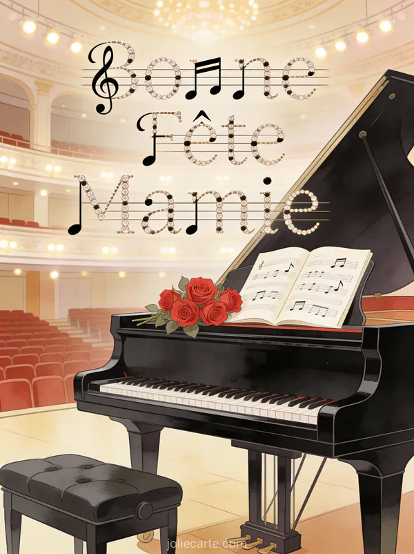 Piano queue noir partition ouverte roses rouges salle concert texte Bonne Fête Mamie notes musique