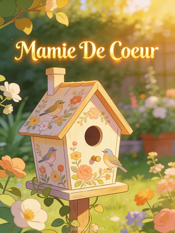 Nichoir décoré avec fleurs et oiseaux dans un jardin printanier avec le texte Mamie De Cœur
