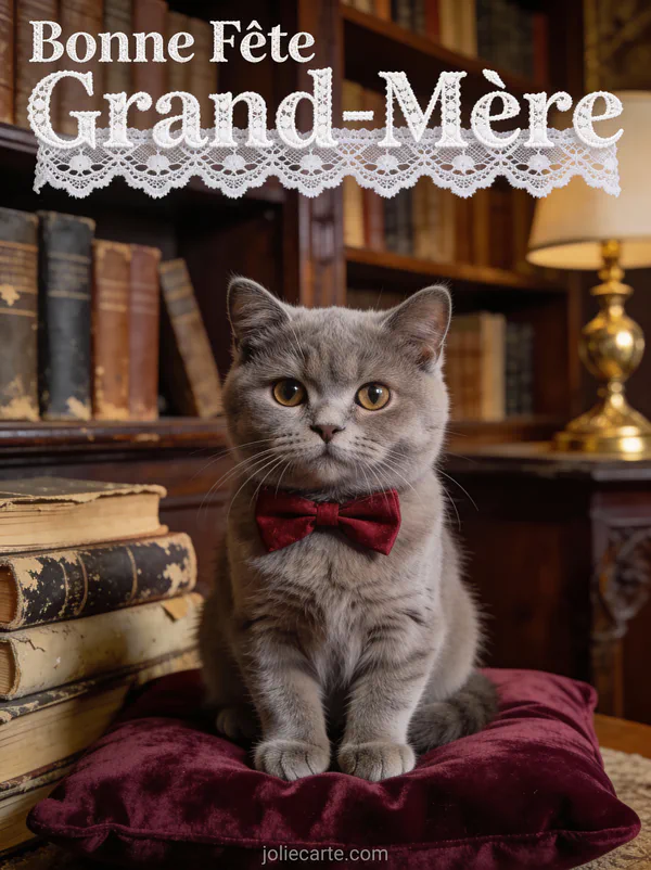 Chat british shorthair gris nœud papillon rouge coussin velours bordeaux bibliothèque texte Bonne Fête Grand-Mère dentelle