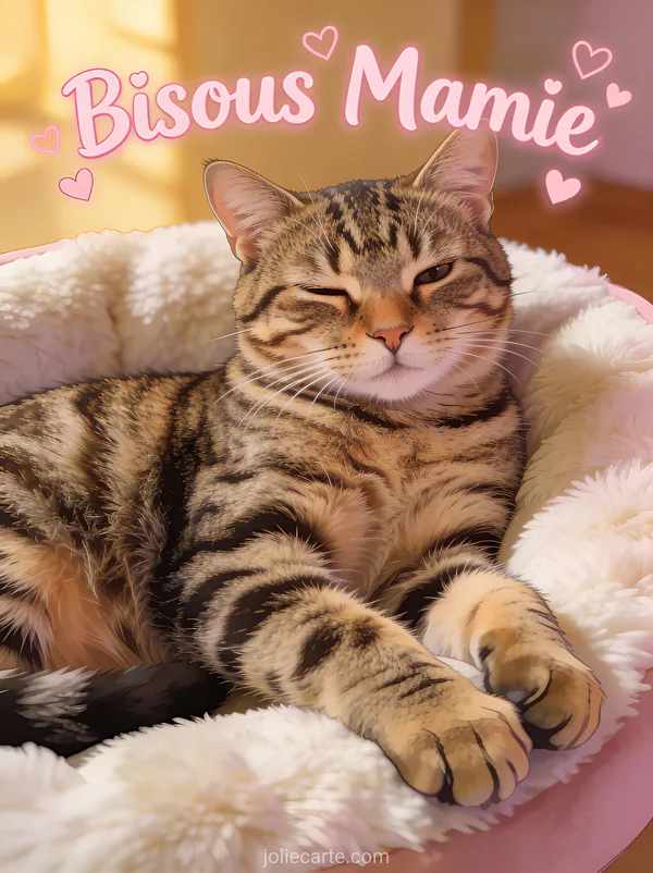 Chat tabby tigré avec expression tendre sur un coussin moelleux avec le texte Bisous Mamie et cœurs