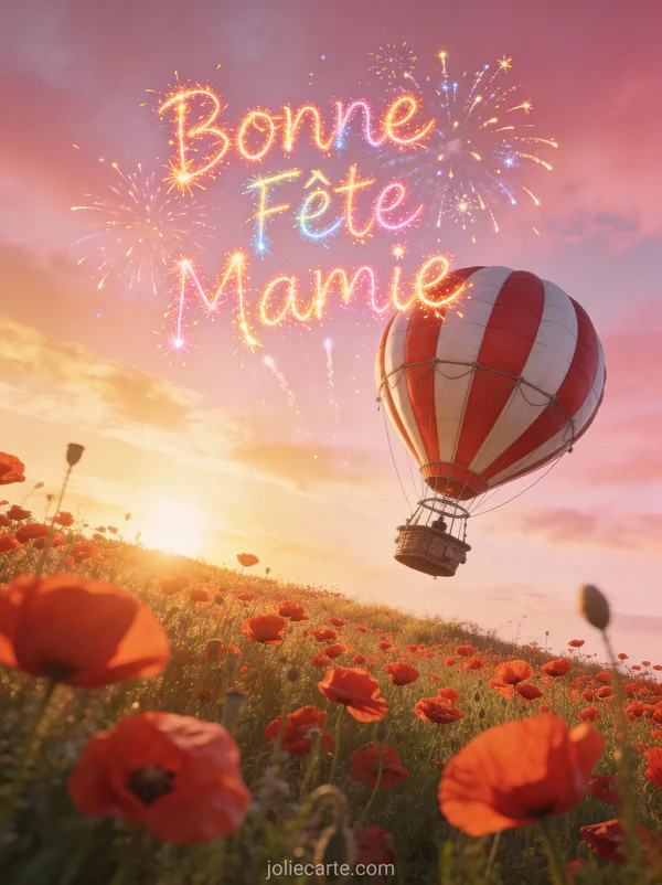 Montgolfière vintage rayée rouge blanc champ coquelicots lever soleil ciel rosé doré texte Bonne Fête Mamie feu artifice