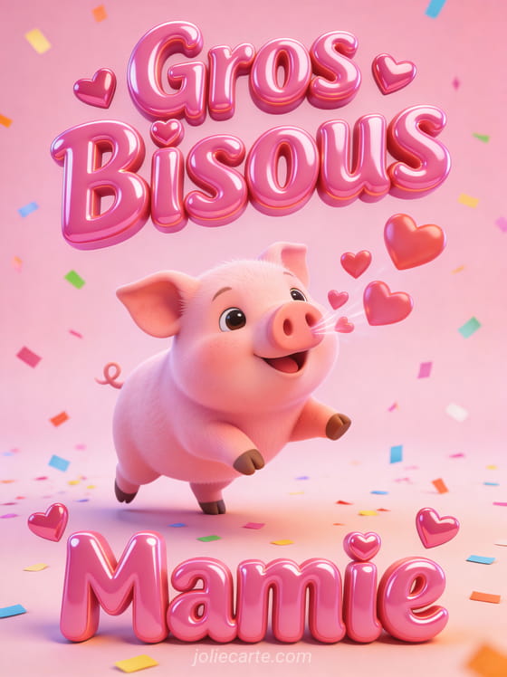 Illustration cartoon d'un petit cochon rose envoyant des cœurs sur fond rose avec confettis et Gros Bisous Mamie