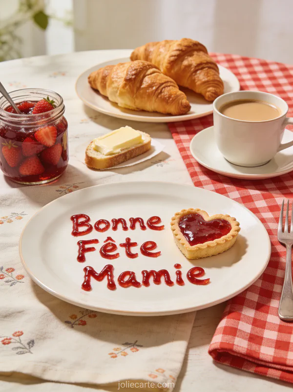 Croissants dorés confiture fraises pot verre café au lait nappe carreaux rouges texte Bonne Fête Mamie confiture