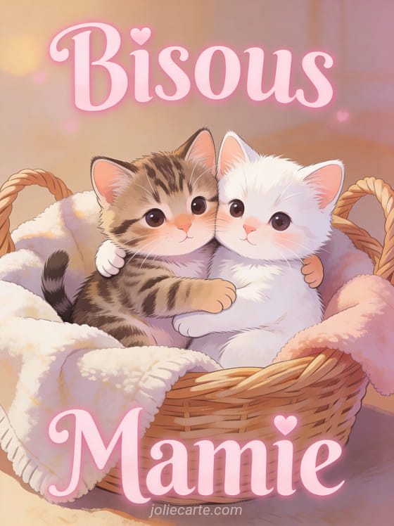 Chatons jumeaux tigré et blanc se faisant un câlin dans un panier douillet avec le texte Bisous Mamie